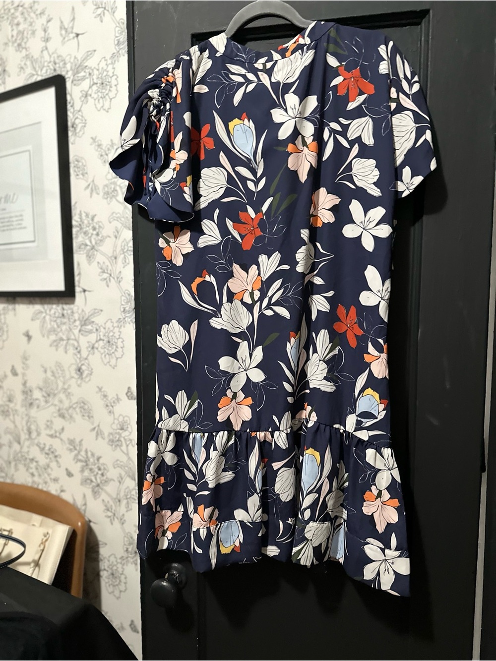Parker Navy Floral Ruffle Hem Dress with White and Coral Blooms- New with Tags